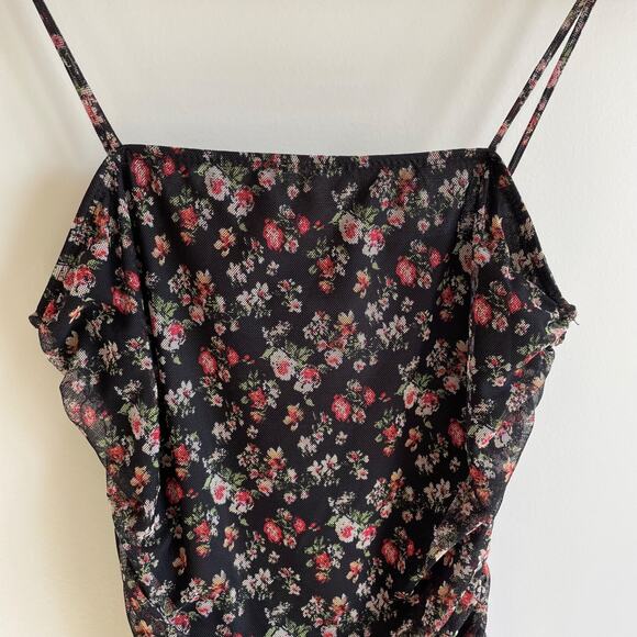 Dainty Floral Chiffon Lace Ruched Mini Dress Size L Black Fairy Whimsy Goth Y2k - Picture 7 of 11